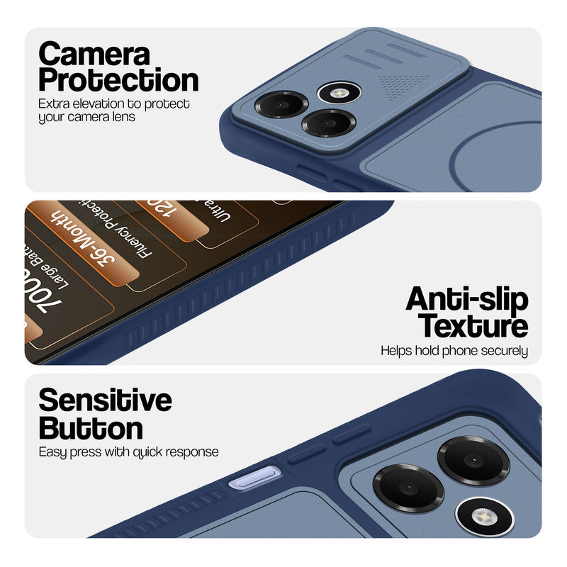 Blue phone case for Oppo A6C 4G showing camera safety edges, anti slip side grip and easy press button covers.
