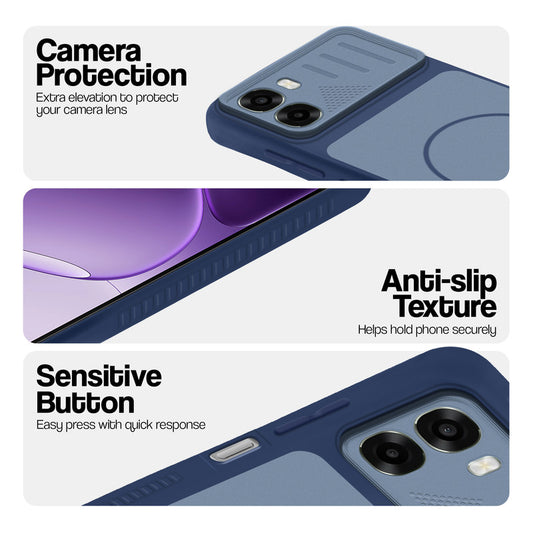 Blue phone case for Oppo A6s 5G showing camera safety edges, anti slip side grip and easy press button covers.