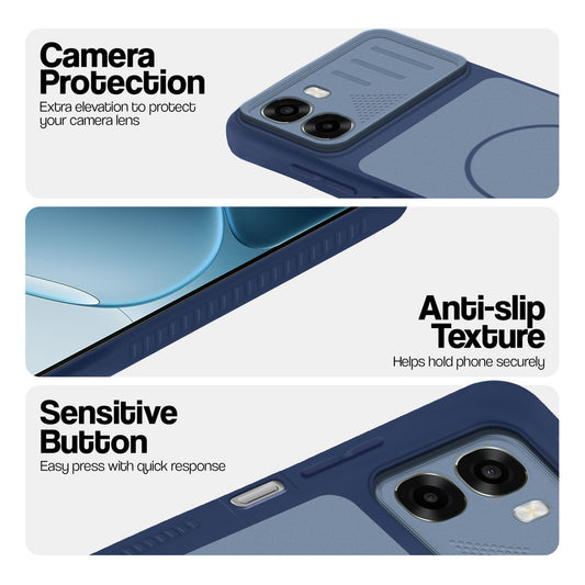 Blue phone case for Oppo A6x 5G showing camera safety edges, anti slip side grip and easy press button covers.