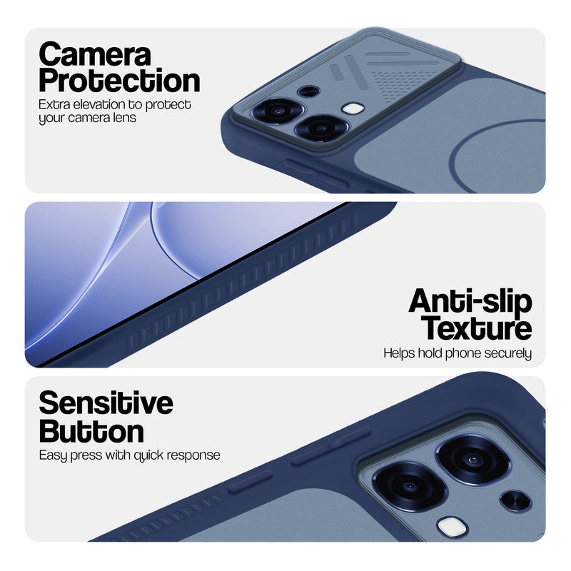 Blue phone case for Oppo F31 5G showing camera safety edges, anti slip side grip and easy press button covers.