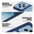 Blue phone case for Oppo F31 Pro 5G showing camera safety edges, anti slip side grip and easy press button covers.
