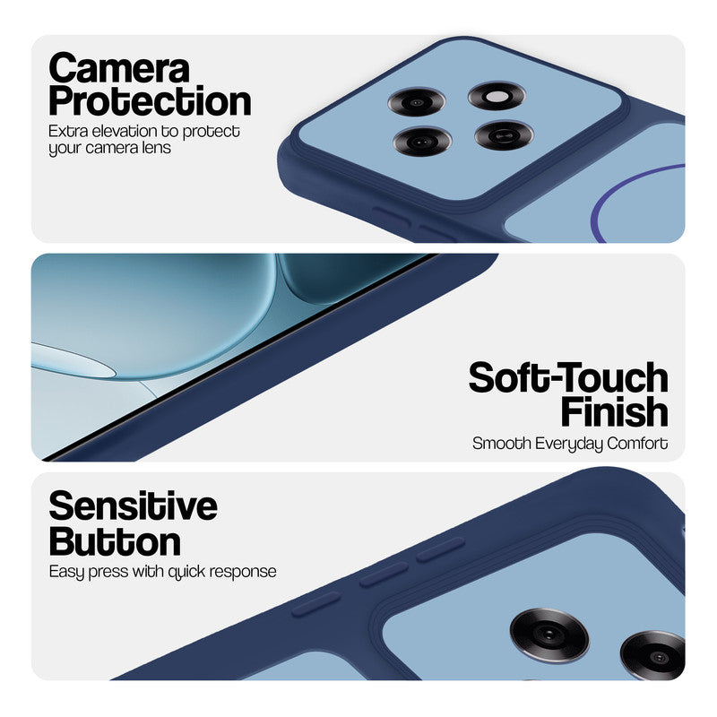 Blue phone case for Oppo F31 Pro 5G showing camera safety edges, anti slip side grip and easy press button covers.