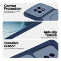 Blue phone case for Oppo F31 Pro Plus 5G showing camera safety edges, anti slip side grip and easy press button covers.