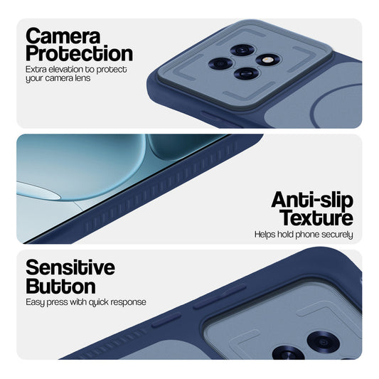 Blue phone case for Oppo F31 Pro Plus 5G showing camera safety edges, anti slip side grip and easy press button covers.