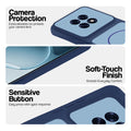 Blue phone case for Oppo F31 Pro Plus 5G showing camera safety edges, anti slip side grip and easy press button covers.