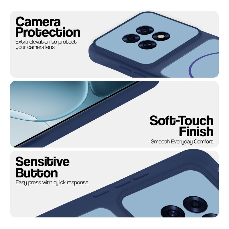 Blue phone case for Oppo F31 Pro Plus 5G showing camera safety edges, anti slip side grip and easy press button covers.