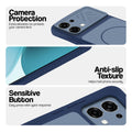 Blue phone case for Oppo F33 5G showing camera safety edges, anti slip side grip and easy press button covers.