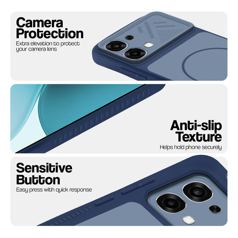 Blue phone case for Oppo F33 5G showing camera safety edges, anti slip side grip and easy press button covers.
