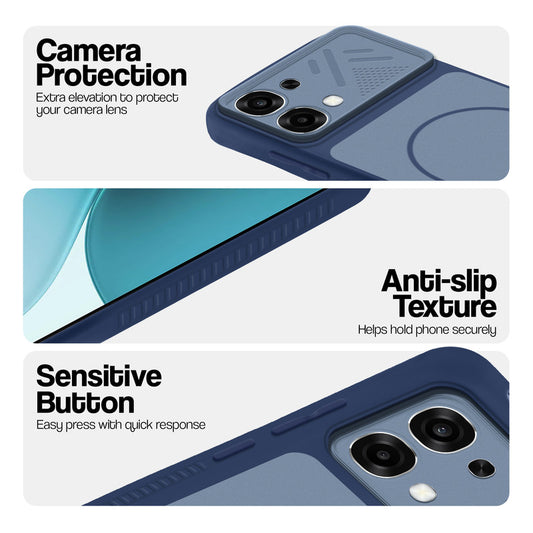 Blue phone case for Oppo F33 5G showing camera safety edges, anti slip side grip and easy press button covers.