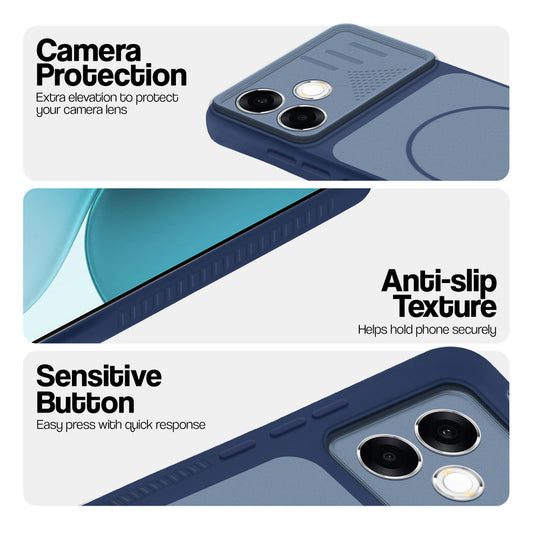 Blue phone case for Oppo F33 Pro 5G showing camera safety edges, anti slip side grip and easy press button covers.