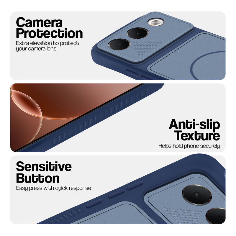 Blue phone case for Oppo F35 5G showing camera safety edges, anti slip side grip and easy press button covers.
