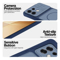 Blue phone case for Oppo F35 Pro 5G showing camera safety edges, anti slip side grip and easy press button covers.