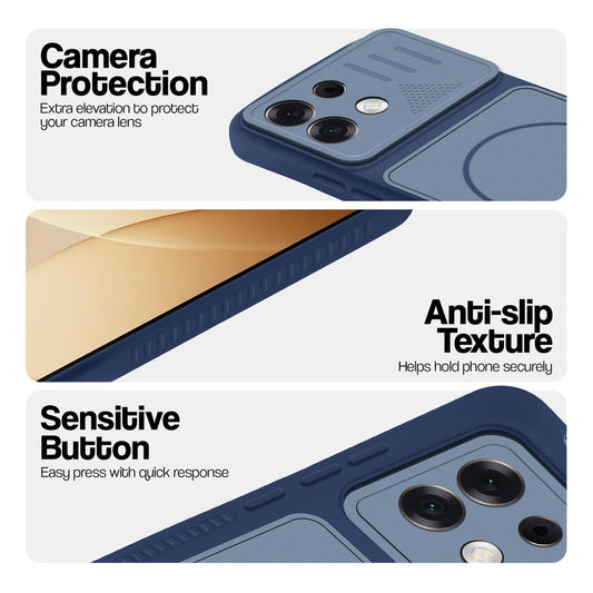Blue phone case for Oppo F35 Pro 5G showing camera safety edges, anti slip side grip and easy press button covers.