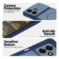 Blue phone case for OPPO K14 Lite 5G showing camera safety edges, anti slip side grip and easy press button covers.