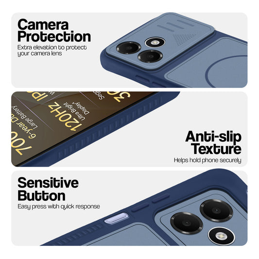 Blue phone case for OPPO K14 Lite 5G showing camera safety edges, anti slip side grip and easy press button covers.