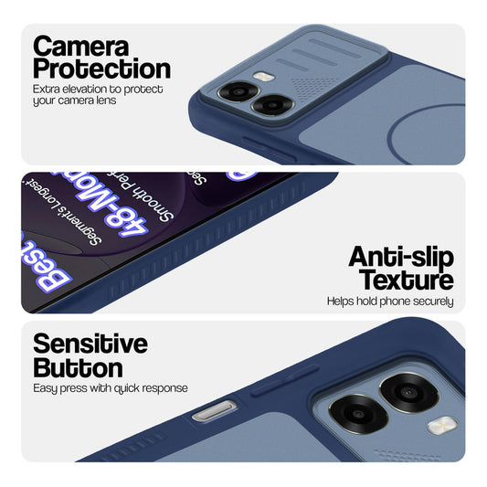 Blue phone case for Oppo K14x 5G showing camera safety edges, anti slip side grip and easy press button covers.