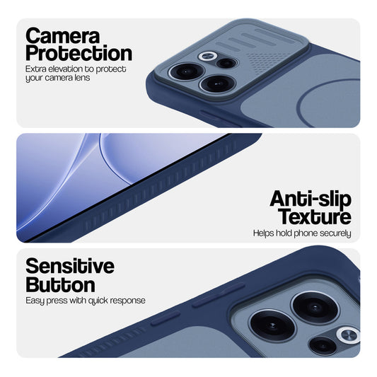 Blue phone case for Oppo Reno 15C 5G showing camera safety edges, anti slip side grip and easy press button covers.