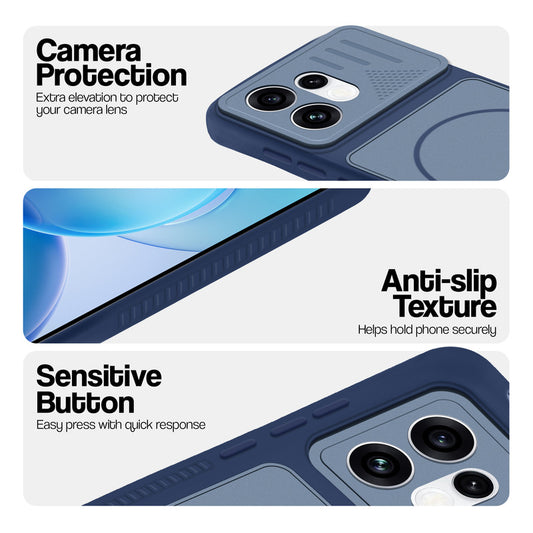 Blue phone case for Oppo Reno 16 5G showing camera safety edges, anti slip side grip and easy press button covers.