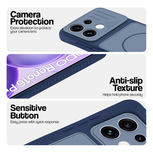 Blue phone case for Oppo Reno 16 Pro 5G showing camera safety edges, anti slip side grip and easy press button covers.
