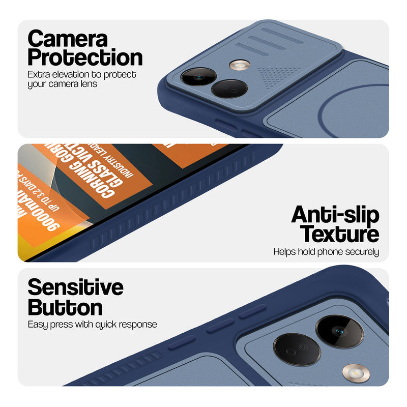 Blue phone case for POCO X8 5G showing camera safety edges, anti slip side grip and easy press button covers.
