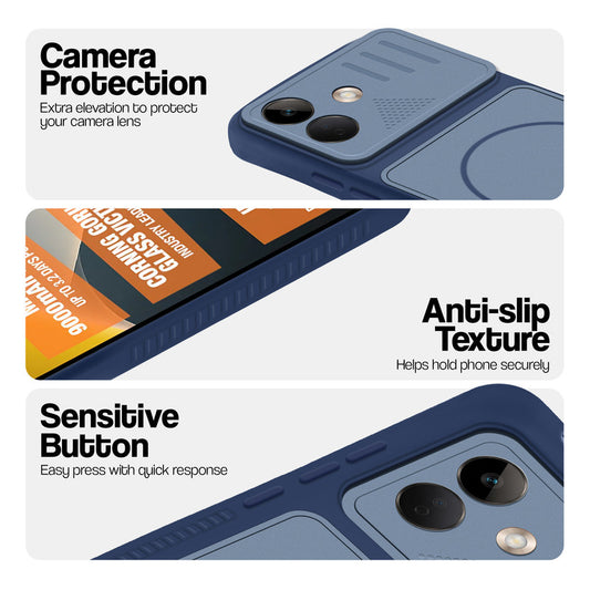 Blue phone case for POCO X8 5G showing camera safety edges, anti slip side grip and easy press button covers.