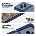 Blue phone case for Poco C75 5G showing camera safety edges, anti slip side grip and easy press button covers.