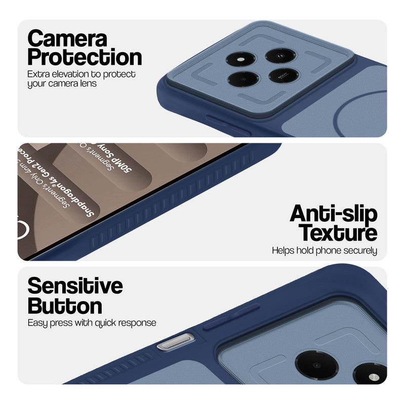 Blue phone case for Poco C75 5G showing camera safety edges, anti slip side grip and easy press button covers.