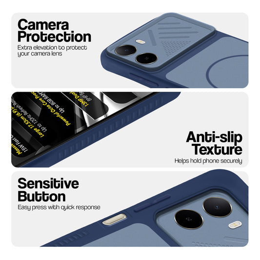 Blue phone case for Poco C81 4G showing camera safety edges, anti slip side grip and easy press button covers.