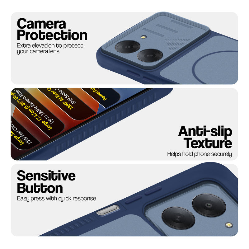 Blue phone case for Poco C81x 4G showing camera safety edges, anti slip side grip and easy press button covers.