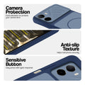 Blue phone case for Poco C85x 5G showing camera safety edges, anti slip side grip and easy press button covers.