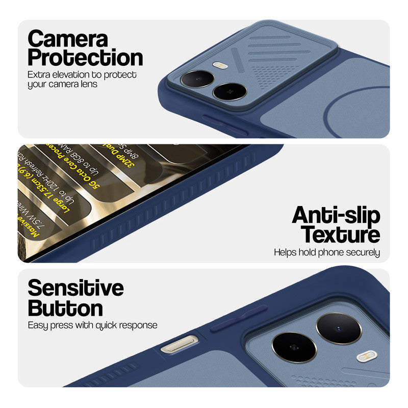 Blue phone case for Poco C85x 5G showing camera safety edges, anti slip side grip and easy press button covers.