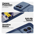 Blue phone case for Poco M8x 5G showing camera safety edges, anti slip side grip and easy press button covers.