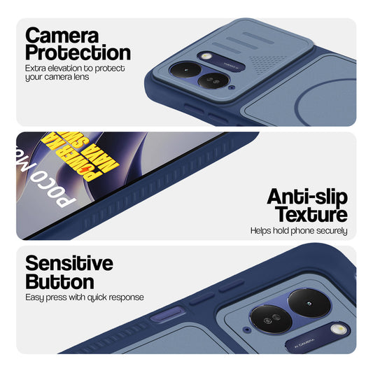 Blue phone case for Poco M8x 5G showing camera safety edges, anti slip side grip and easy press button covers.