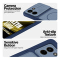 Blue phone case for Poco X8 Power 5G showing camera safety edges, anti slip side grip and easy press button covers.