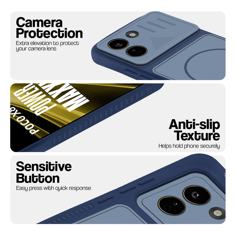 Blue phone case for Poco X8 Power 5G showing camera safety edges, anti slip side grip and easy press button covers.