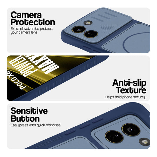 Blue phone case for Poco X8 Power 5G showing camera safety edges, anti slip side grip and easy press button covers.