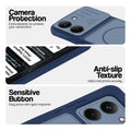 Blue phone case for Poco X8 Pro 5G showing camera safety edges, anti slip side grip and easy press button covers.