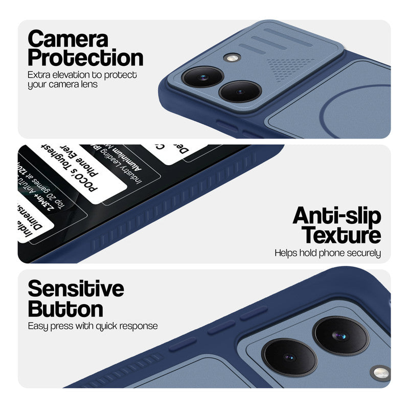Blue phone case for Poco X8 Pro 5G showing camera safety edges, anti slip side grip and easy press button covers.