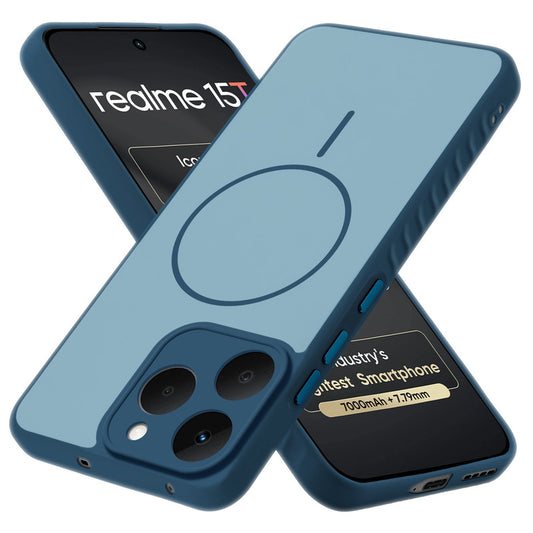 Matte Silicone Dual Color Back Cover with Metal Buttons & Ring Design for Realme 15T 5G