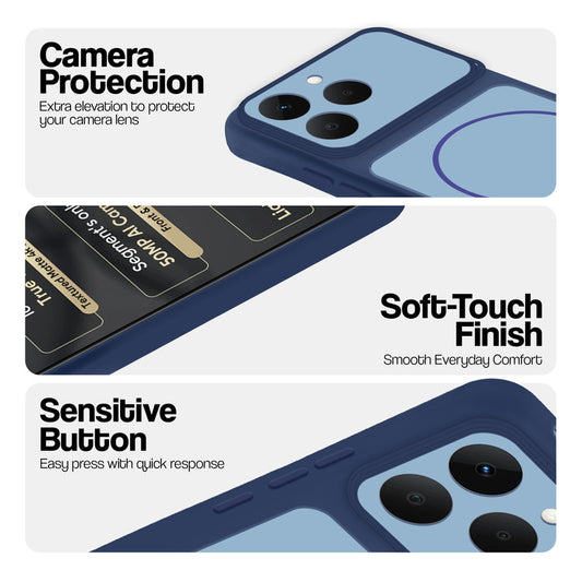 Blue phone case for Realme 15T 5Gshowing camera safety edges, anti slip side grip and easy press button covers.