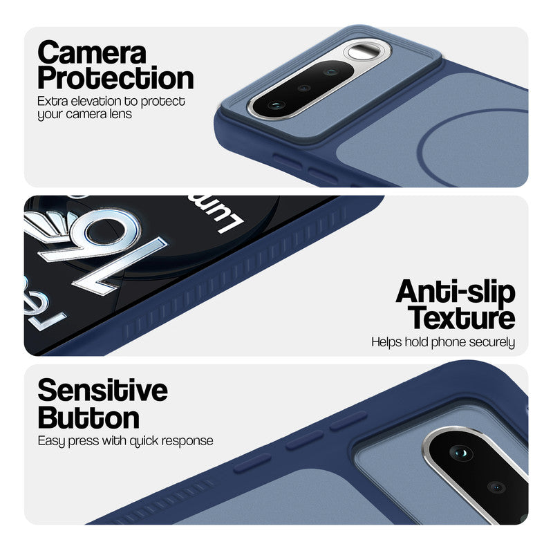 Blue phone case for Realme 16 5G showing camera safety edges, anti slip side grip and easy press button covers.