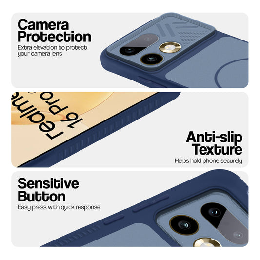 Blue phone case for Realme 16 Pro 5G showing camera safety edges, anti slip side grip and easy press button covers.