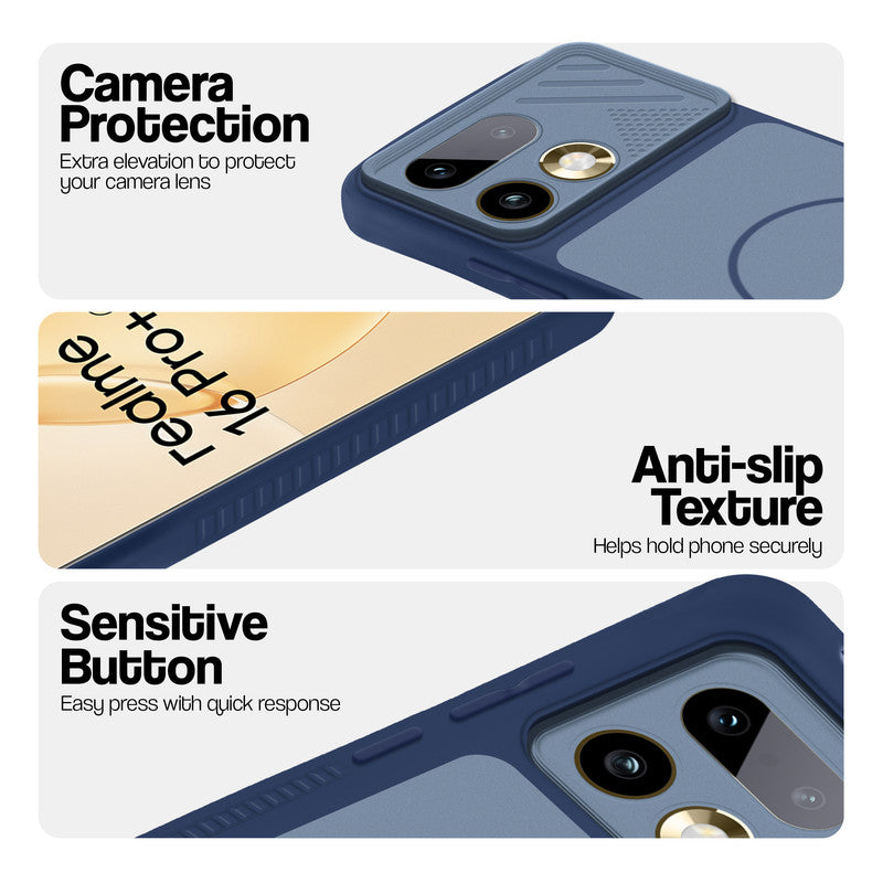 Blue phone case for Realme 16 Pro Plus 5G showing camera safety edges, anti slip side grip and easy press button covers.