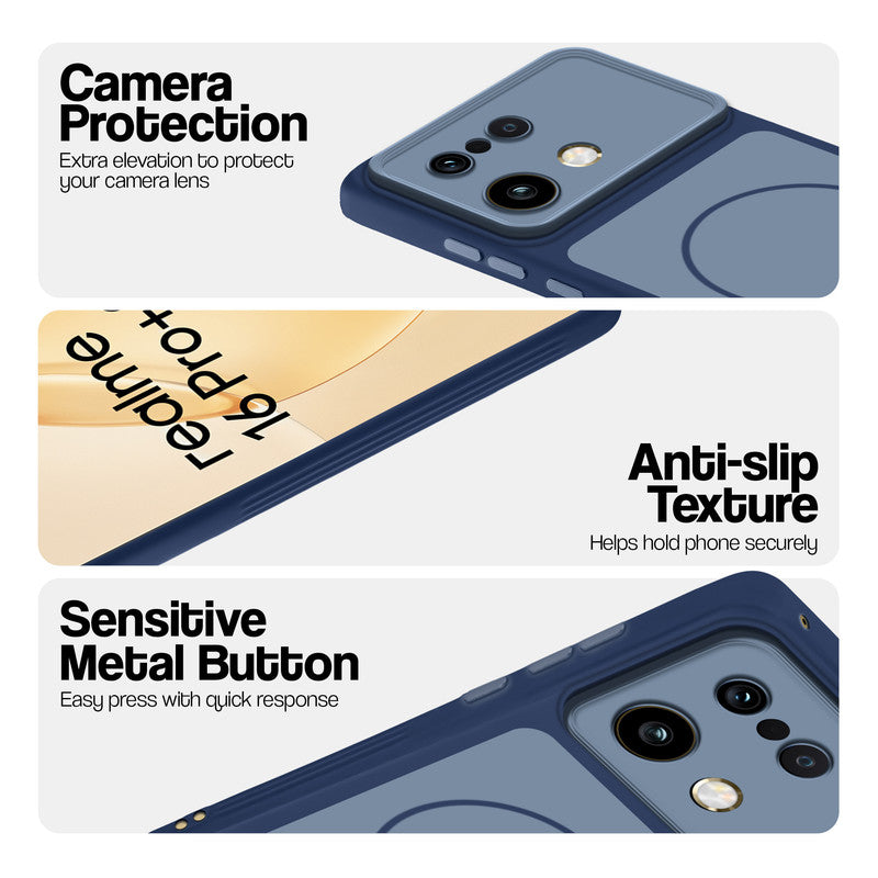Blue Phone case for Realme 16 Pro Plus 5G highlighting raised camera protection, anti-slip texture, and responsive side buttons