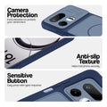 Blue phone case for Realme 16T 5G showing camera safety edges, anti slip side grip and easy press button covers.