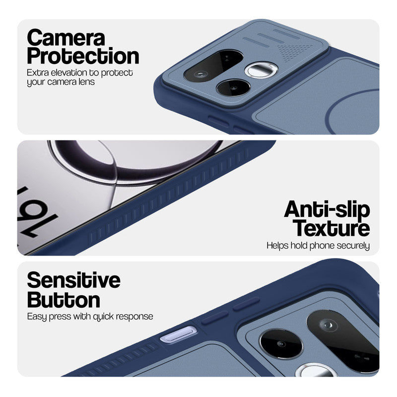 Blue phone case for Realme 16T 5G showing camera safety edges, anti slip side grip and easy press button covers.