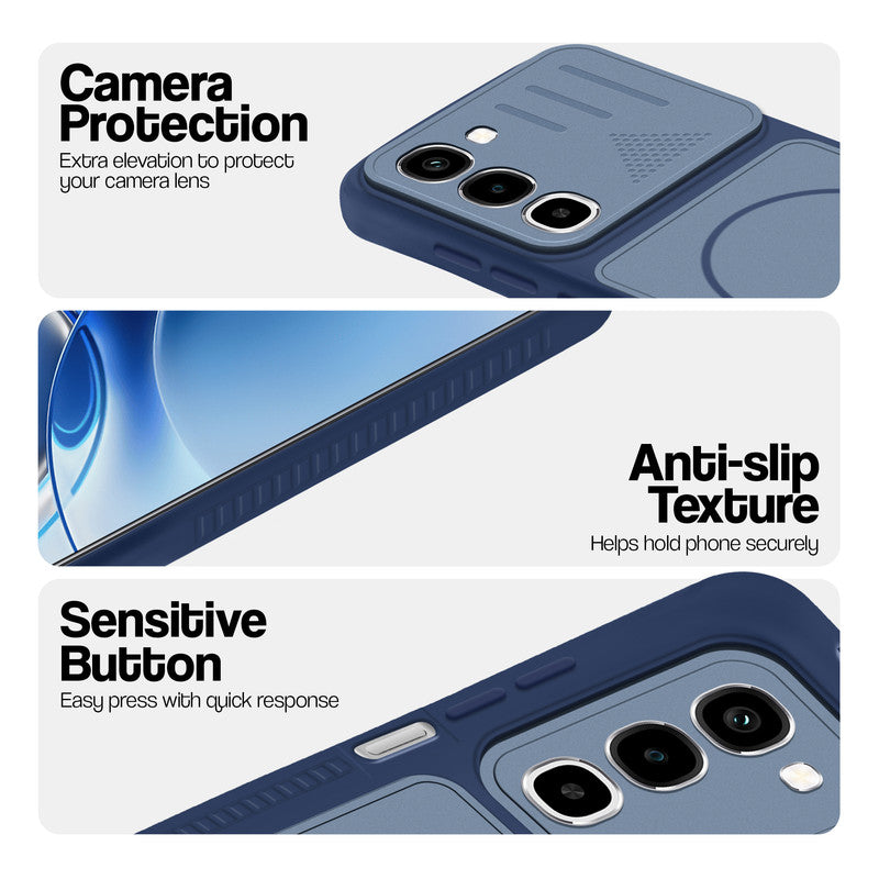Blue phone case for Realme 16x 5G showing camera safety edges, anti slip side grip and easy press button covers.