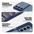 Blue phone case for Realme C83 5G showing camera safety edges, anti slip side grip and easy press button covers.