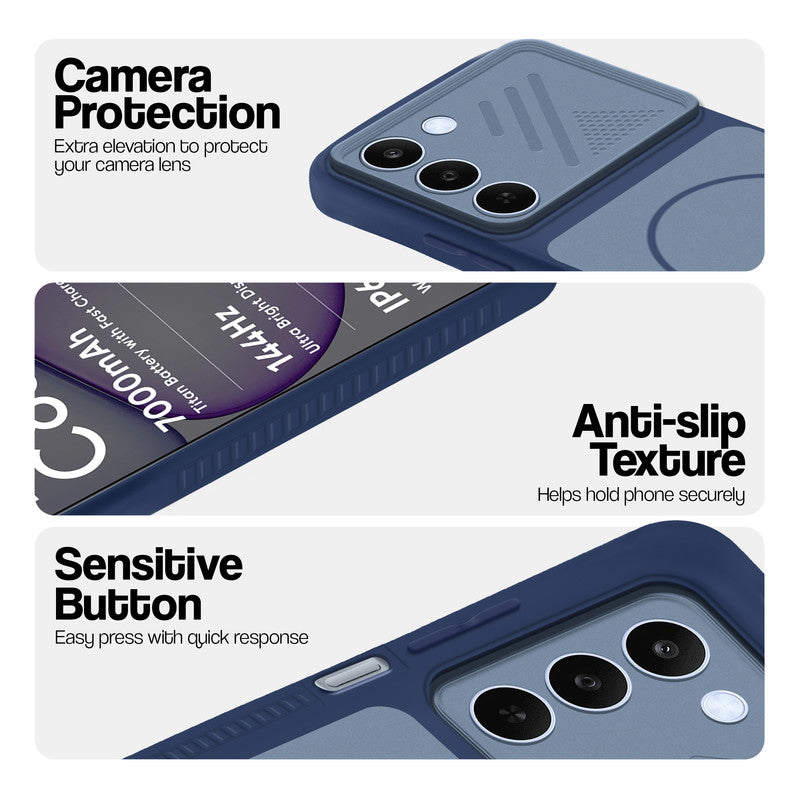 Blue phone case for Realme C83 5G showing camera safety edges, anti slip side grip and easy press button covers.
