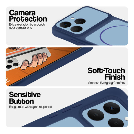 Blue phone case for Realme Narzo 90 5G showing camera safety edges, anti slip side grip and easy press button covers.